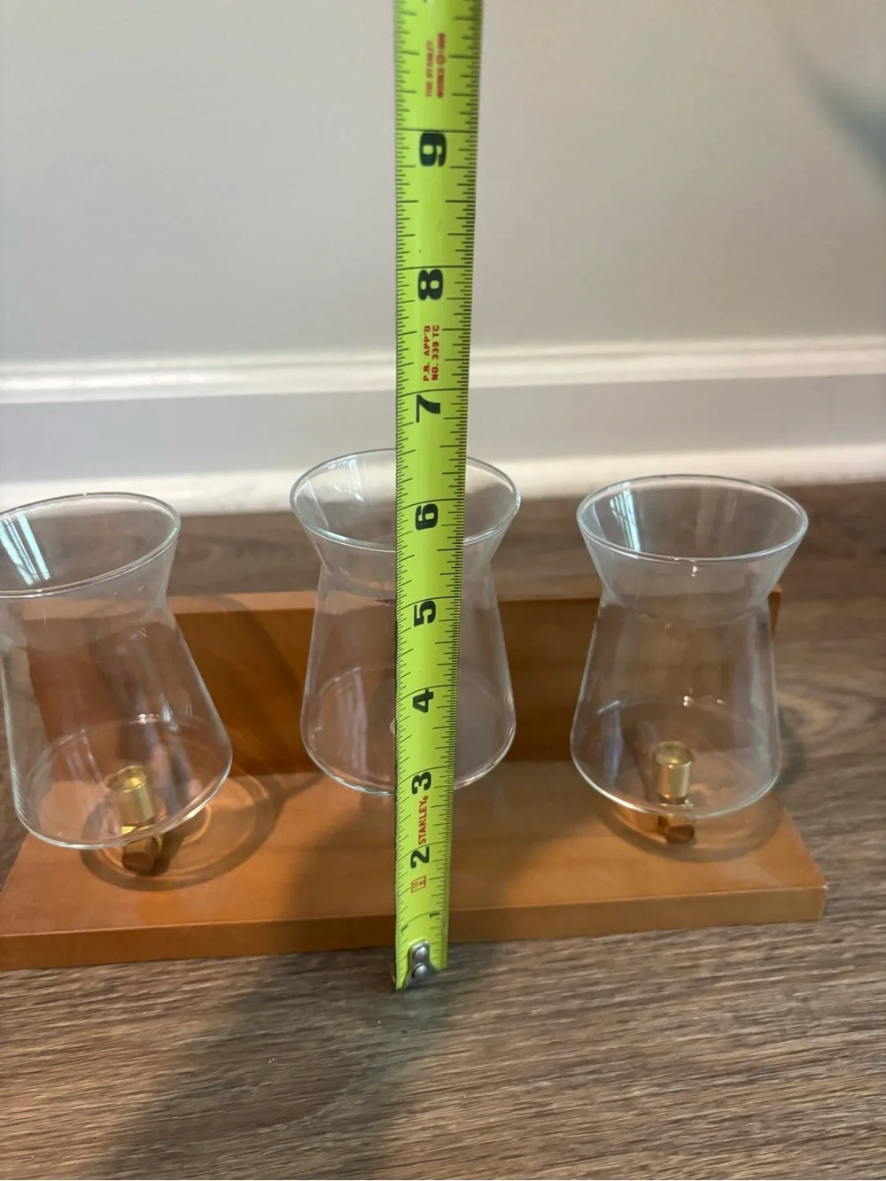Triple Glass Votive Holder on Wooden Base - Clear Glass & Natural Wood
